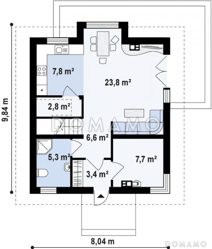 Проект классического одноэтажного мансардного дома из газобетона с эркером в столовой зоне, балконами и хозяйственным помещением / План 1 этажа