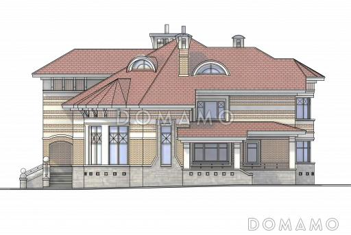 Проект коттеджа с двусветной гостиной, террасой и гаражом на 2 а/м / Фасад 2