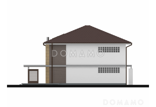 Проект простого комфортного двухэтажного дома из кирпича с тремя спальнями, вторым светом и гаражом / Фасад 1