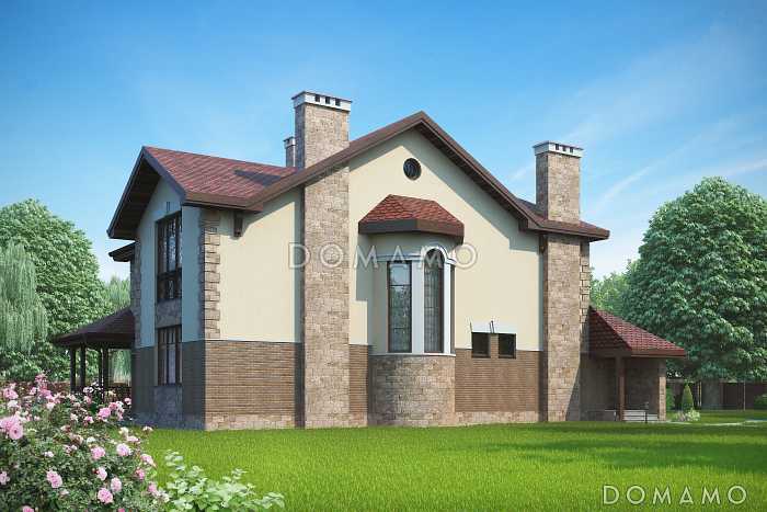 Дом с полукруглым эркером, смежным холлом, гостиной и столовой,  мансардным помещением