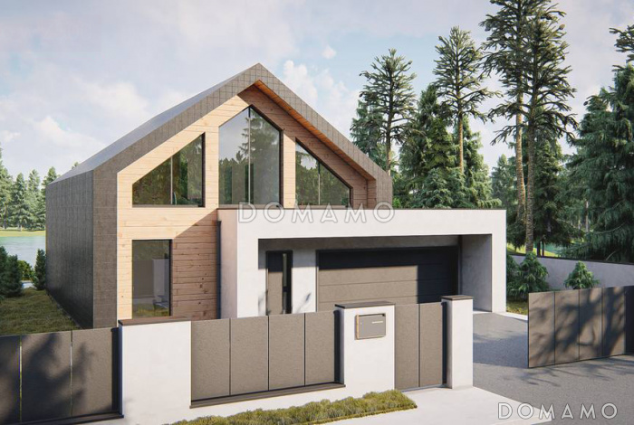 Проект загородного дома с панорамным остеклением, кабинетом, просторной гостиной, гаражом на 2 машины