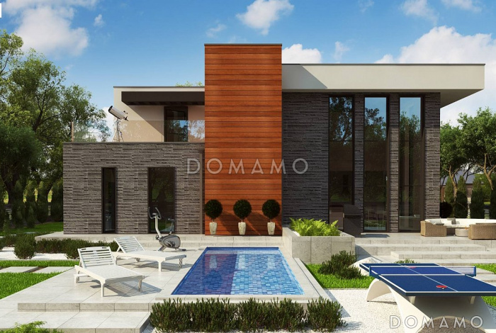 Проект современного двухэтажного дома из кирпича с плоской крышей, со вторым светом, террасами на двух уровнях и гаражом