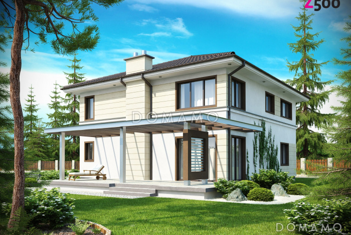 Проект просторного современного двухэтажного дома из газобетона, с четырьмя комнатами, гаражом и вторым светом над гостиной