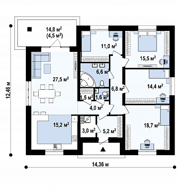 Проект одноэтажного дома с террасой, большой кухней, кладовой / План 1 этажа