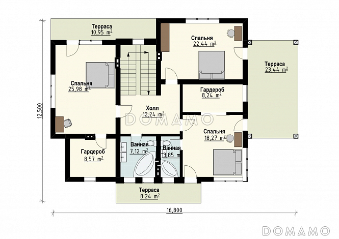 Проект дома для семьи от четырех человек с террасами, просторной кухней-столовой, хозяйской спальней на втором этаже / План 2 этажа