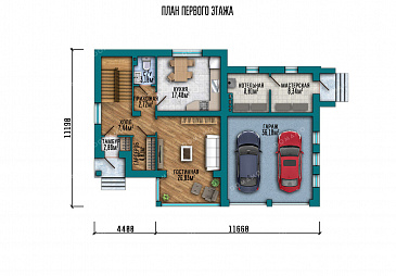 Проект загородного дома с 3 спальнями, изолированной кухней, гаражом на 2 машины и мастерской / План 1 этажа