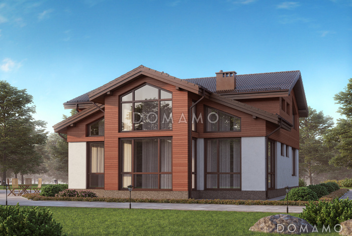 Проект дома из газобетона с панорамными окнами и натуральной черепицей