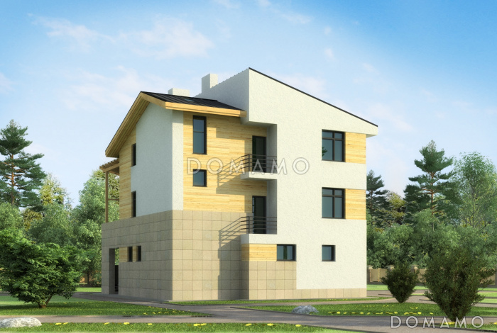 Проект загородного дома с навесом на две машины, крытой террасой, техническими помещениями на первом этаже