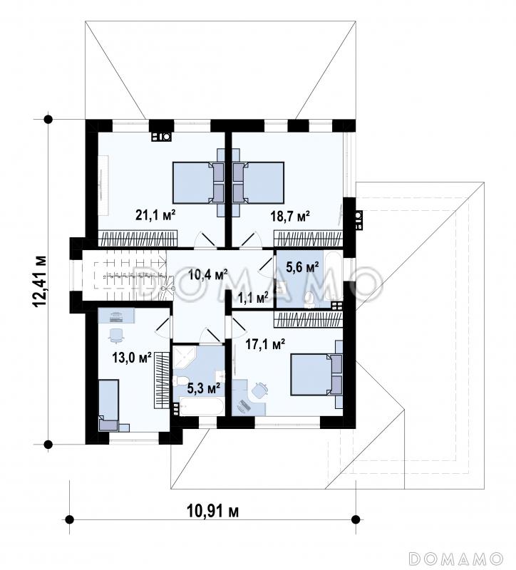 Проект  двухэтажного дома с гаражом для машины, подвалом, крытой террасой, кладовой на кухне, постирочной / План 2 этажа