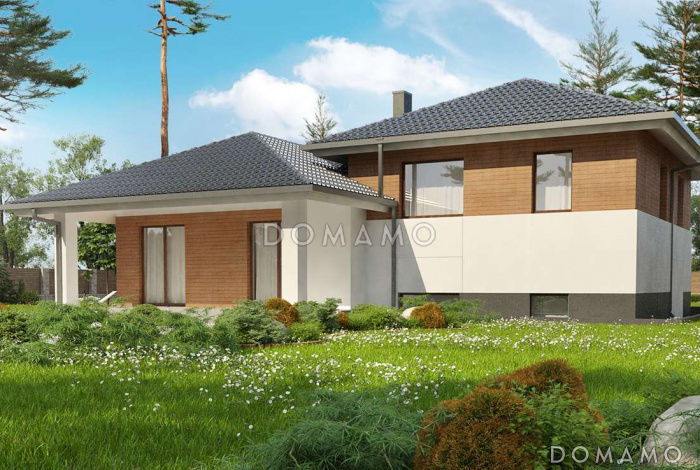 Проект необычного трёхуровневого дома из кирпича с бильярдной, тремя спальнями и гаражом