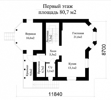 Проект дома на рельефе в стиле фахверк с гаражом в подвале / План 1 этажа