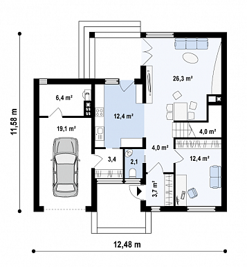 Проект современного каркасного двухэтажного дома с четырьмя спальнями, кабинетом и пристроенным гаражом / План 1 этажа