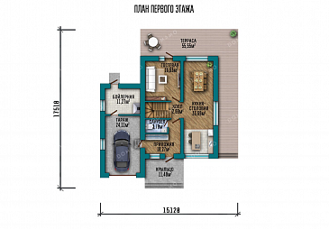 Проект двухэтажного дома с просторной террасой и плоской кровлей / План 1 этажа