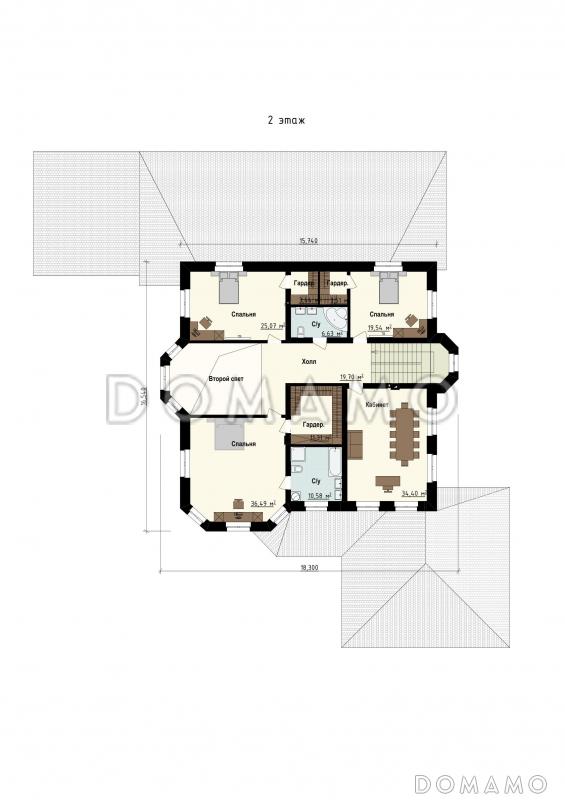 Проект дома со спортзалом, бассейном, бильярдной, просторной обеденной зоной, террасами, гаражом / План 2 этажа
