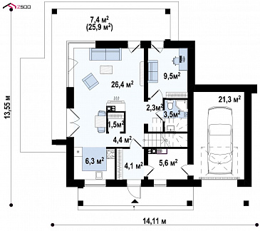 Проект современного двухэтажного дома из газобетона с плоской крышей, четырьмя комнатами, угловым остеклением гостиной и гаражом / План 1 этажа