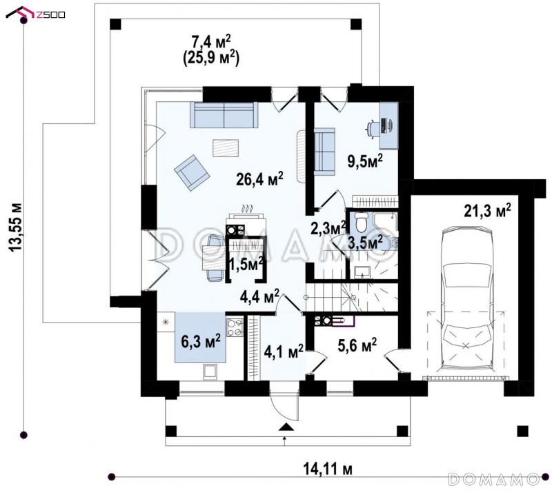 Проект современного двухэтажного дома из газобетона с плоской крышей, четырьмя комнатами, угловым остеклением гостиной и гаражом / План 1 этажа