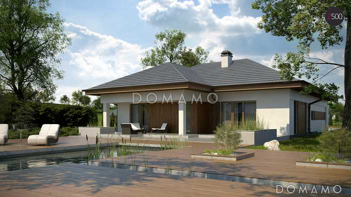 Проект одноэтажного дома из кирпича с большой гостиной, тремя спальнями и гаражом на два автомобиля