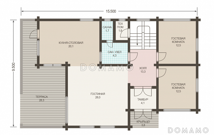 Проект двухэтажного дома из клееного бруса с двумя гостевыми комнатами на первом этаже / План 1 этажа