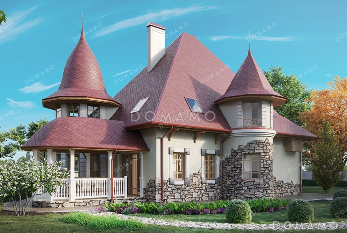 Проект дома с эркером и террасой в стиле замка