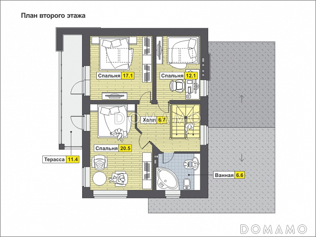 Загородный дом с кухней-столовой, сауной, спальней на первом этаже, террасой / План мансардного этажа