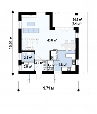 Проект загородного дома с камином, просторной гостиной, балконом, большой ванной с окном на мансарде / План 1 этажа