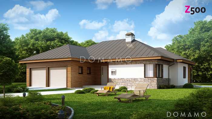 Проект одноэтажного дома из кирпича с тремя спальнями и гаражом на два автомобиля