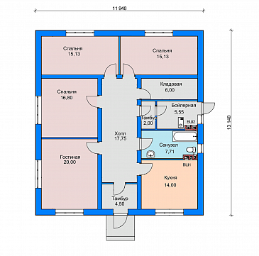 Проект одноэтажного дома с изолированной кухней, кладовой, санузлом с окном / План 1 этажа