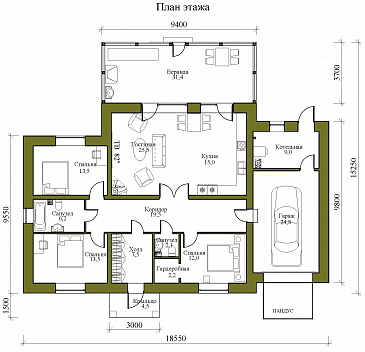 Проект одноэтажного дома с верандой, гаражом и тремя спальнями / План 1 этажа