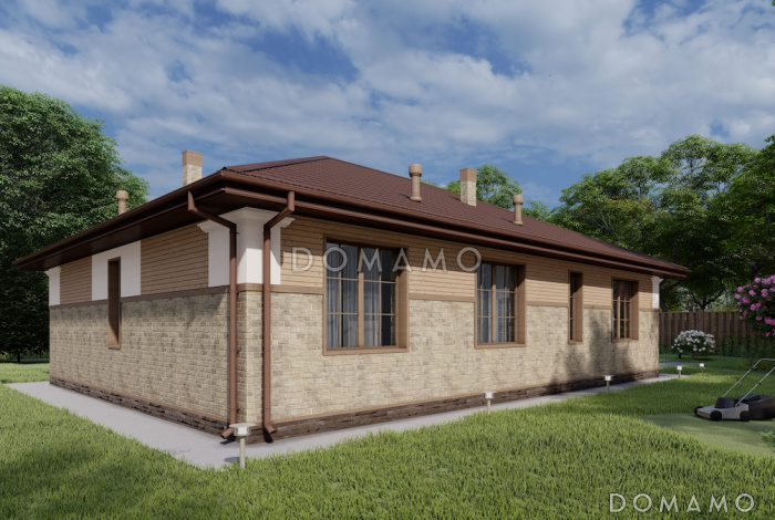 Проект одноэтажного дома с тремя спальнями, объединенной гостиной-кухней, небольшой террасой и хозяйственным помещением