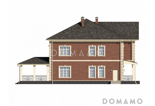 Проект загородного дома с террасами, кабинетом винтовой лестницей на мансарду, большой хозяйской спальней / Фасад 4