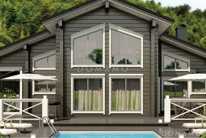 Проект дома из клееного бруса с гостиной эффектно совмещеной с зоной второго света