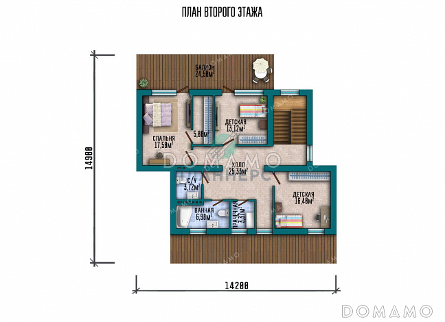 Проект двухэтажного дома с большой террасой и плоской крышей / План 2 этажа