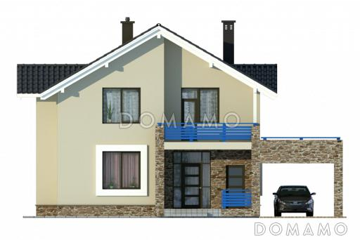 Проект загородного дома с каменного облицовкой крыльца и панорамными окнами гостиной / Фасад 1