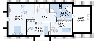 Проект мансардного дома из кирпича с гаражом, прямоугольным эркером и двумя балконами / План мансардного этажа