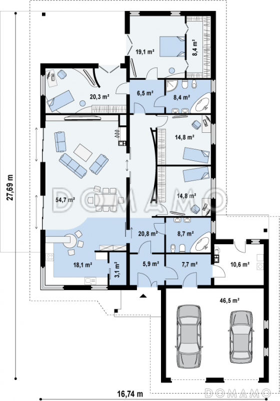 Проект просторного одноэтажного дома из газобетона с фронтальным гаражом, четырьмя спальнями и большой гостиной / План 1 этажа