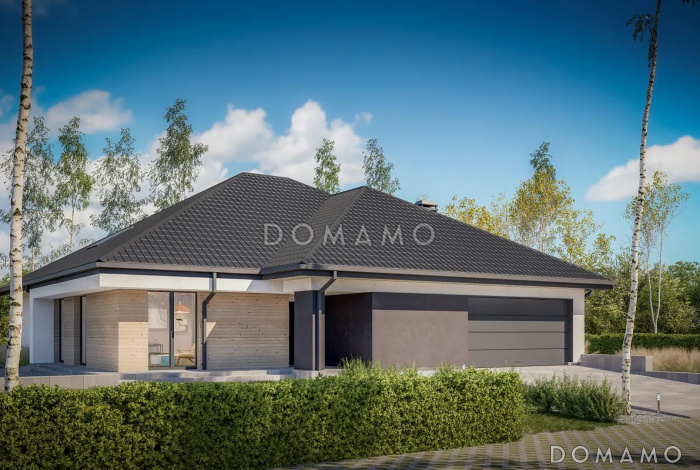 Проект дома из газобетона с просторной террасой и гаражом на 2 машины