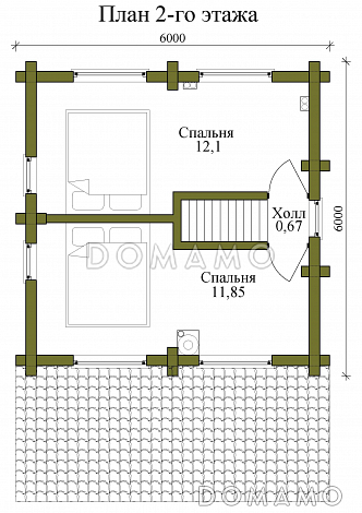 Проект двухэтажного дома из бревна с двумя спальнями, камином и верандой / План 2 этажа
