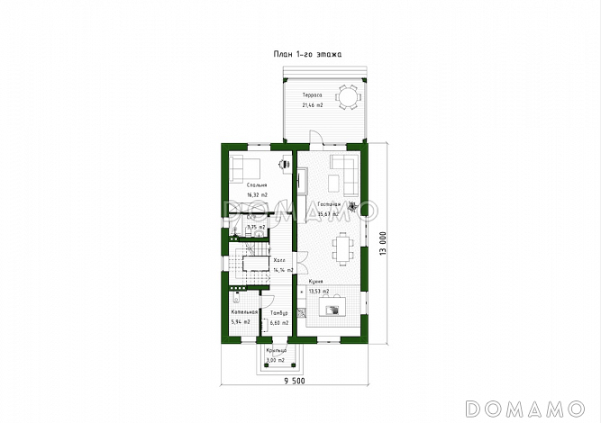 Проект двухэтажного дома с мансардой, мастер-спальней и остекленной террасой / План 1 этажа