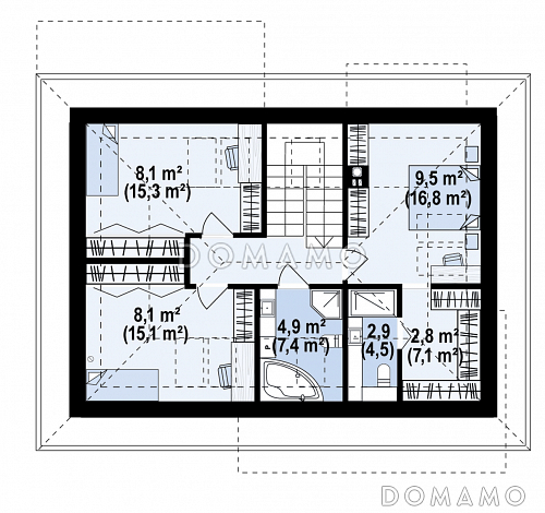 Проект загородного дома с гаражом на одну машину, кладовой на кухне, мастер-спальней в мансарде / План мансардного этажа