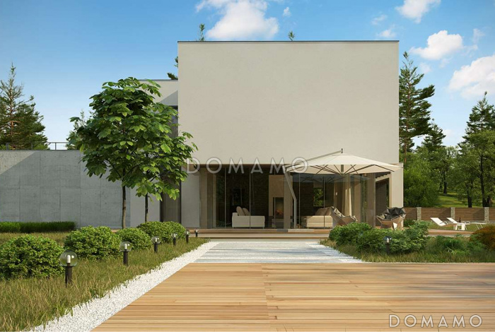 Проект современного двухэтажного дома из газобетона с плоской крышей с гаражом для двух автомобилей и террасами на обоих уровнях