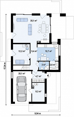 Проект современного двухэтажного дома из газобетона в стиле модерн, с террасой на втором уровне и встроенным гаражом  / План 1 этажа