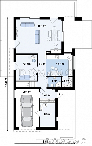 Проект современного двухэтажного дома из газобетона в стиле модерн, с террасой на втором уровне и встроенным гаражом  / План 1 этажа