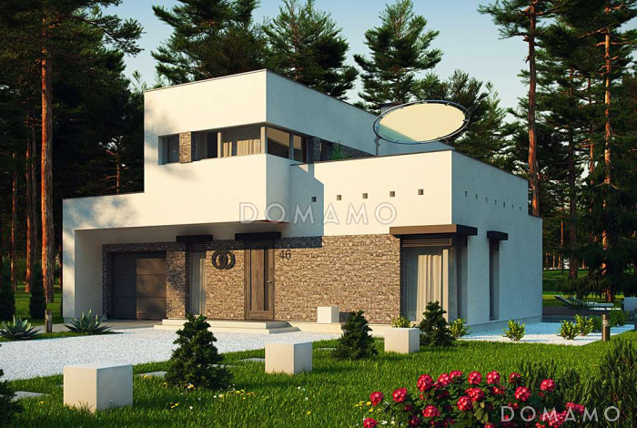 Проект компактного современного двухэтажного дома из кирпича в стиле модерн, с террасой на втором уровне и с гаражом