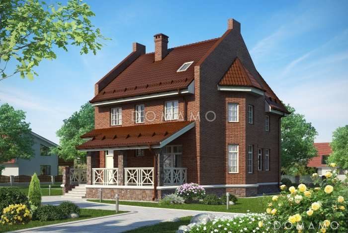 Частный дом с эркером, крытой террасой, балконом, большой кладовой на мансарде