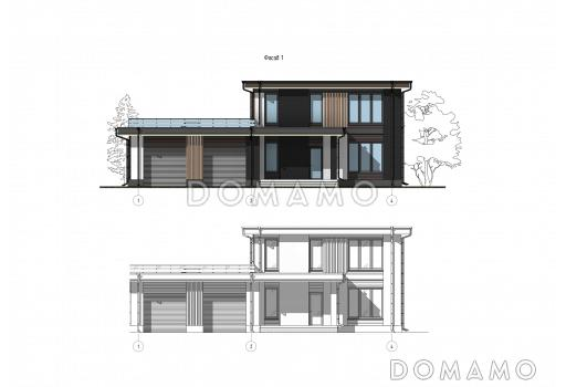 Проект дома с эксплуатируемой кровлей гаража, мастер-спальней, тремя детскими и гостевой / Фасад 1