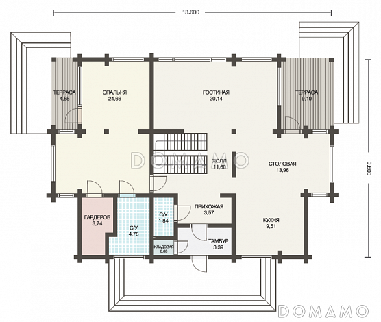 Проект дома из клееного бруса с мансардой / План 1 этажа