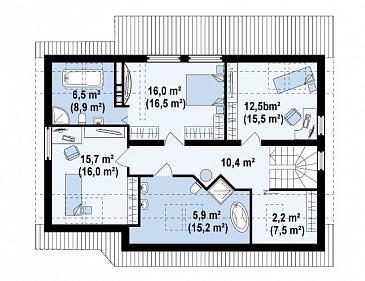 Проект одноэтажного мансардного дома из газобетона с кабинетом, тремя спальнями и гаражом / План мансардного этажа