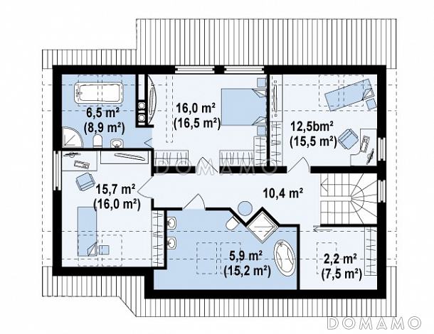 Проект одноэтажного мансардного дома из газобетона с кабинетом, тремя спальнями и гаражом / План мансардного этажа