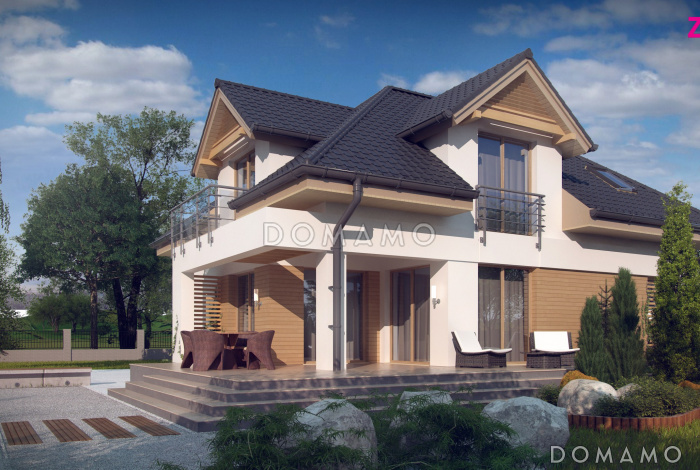 Проект одноэтажного мансардного дома из газобетона с кабинетом, гаражом и комнатой над гаражом