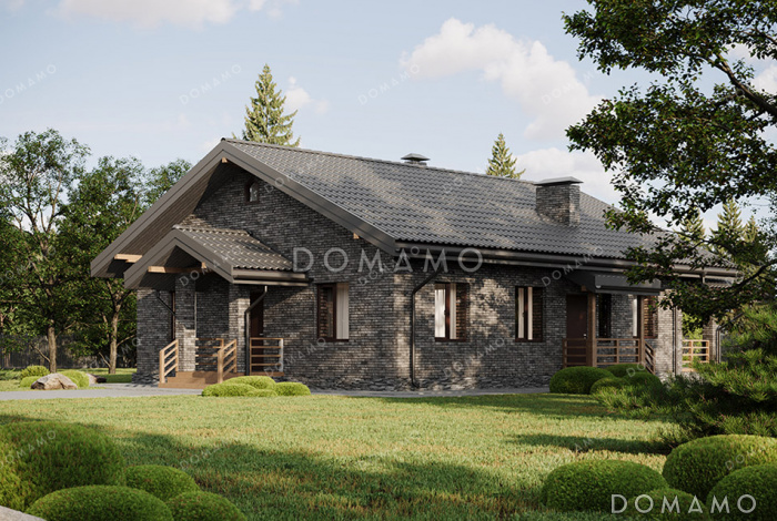 Проект выразительного одноэтажного дома с двухскатной крышей в разных уровнях, большой террасой и вторым светом